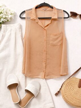 Sunday Best Aritzia Sheer Sleeveless Button-Front Blouse - Peach